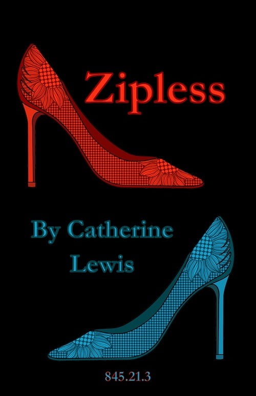Cover of Catherine Lewis's debut poetry chapbook ZIPLESS, depicting red and blue stiletto-heeled shoes in profile