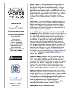 Words in the Burbs - Feb 24 Event Poster listing Candie Tanaka, Tara McGuide, KT Wagner, Catherine Lewis, and Jennifer Sommersby