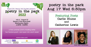 Poetry in the Park - Wed Aug 17 6:30pm Carlie Blume & Catherine Lewis, hosted by Hope Lauterbach